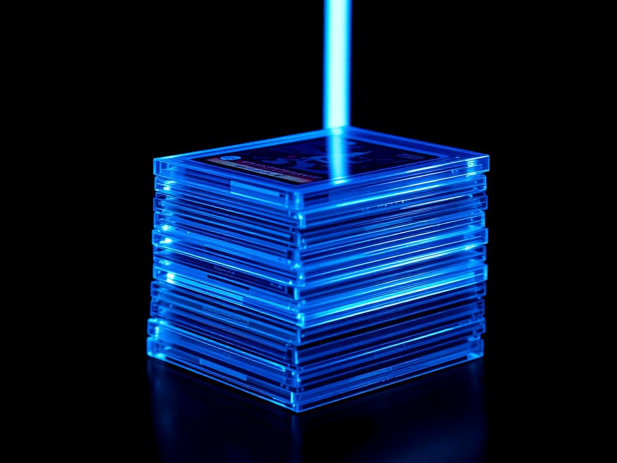 Stack of graded slab cards glowing blue